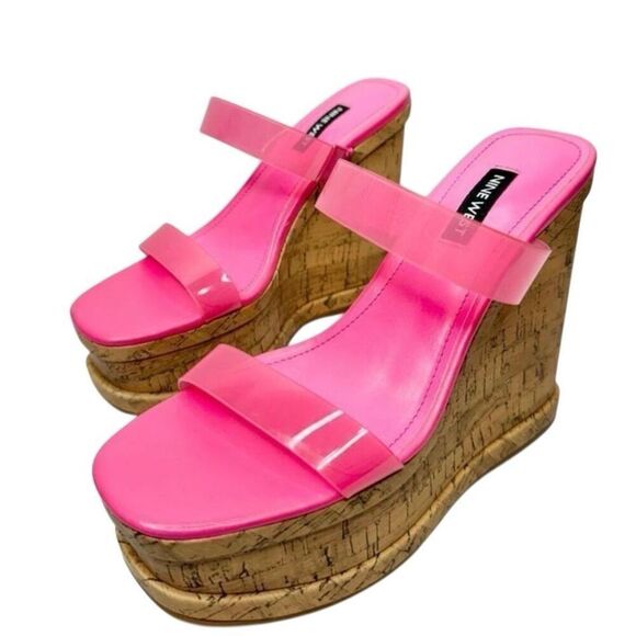 Nine West Sandals‎ Size 6 Pink Open Toe Double Strap Slip On Platform Wedges - Picture 1 of 9